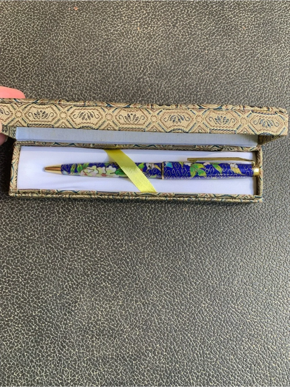 Asian Blue Floral Cloisonné Ballpoint Pen in Decorative Box